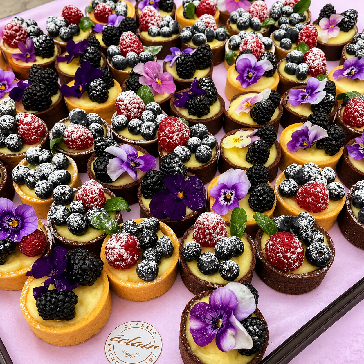 Éclair French Pastry berry tarts with edible flowers on a pink display